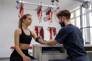 Physiotherapist doctor measures blood pressure of a young athletic woman